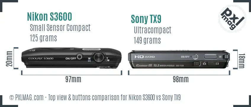 Nikon S3600 vs Sony TX9 top view buttons comparison