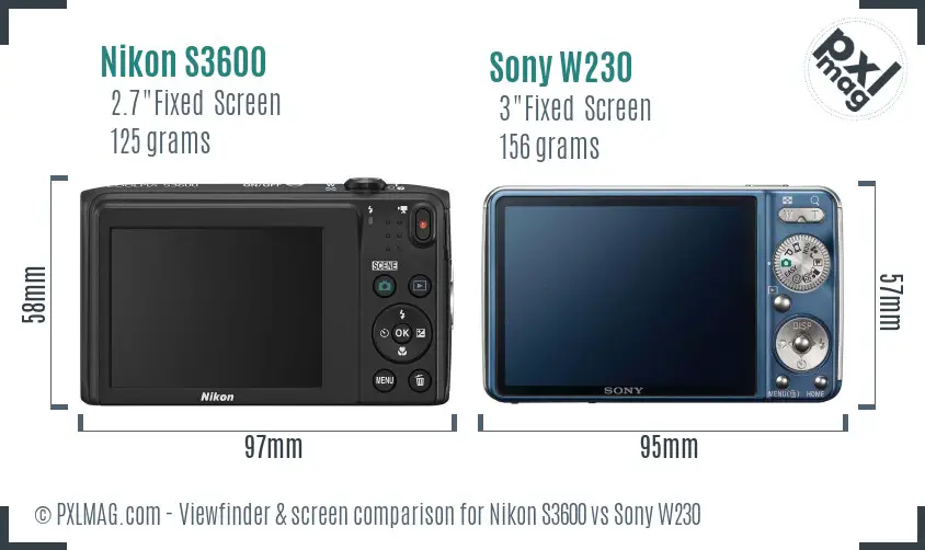 Nikon S3600 vs Sony W230 Screen and Viewfinder comparison