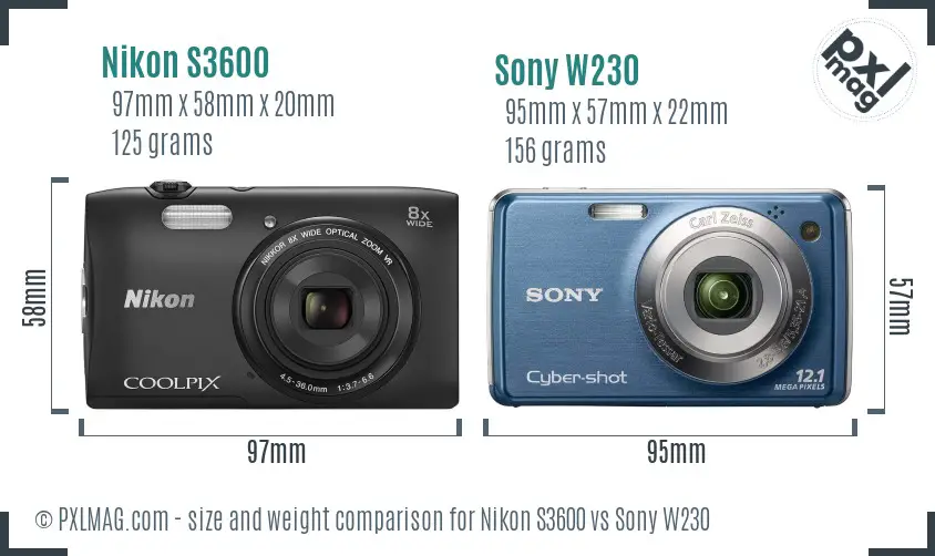 Nikon S3600 vs Sony W230 size comparison