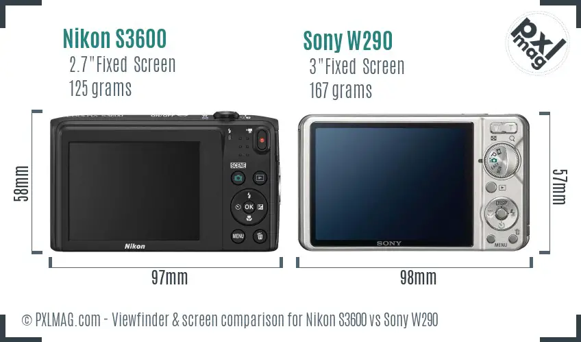 Nikon S3600 vs Sony W290 Screen and Viewfinder comparison