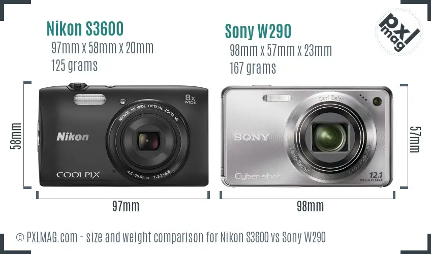 Nikon S3600 vs Sony W290 size comparison