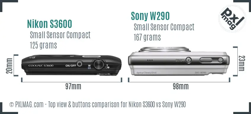 Nikon S3600 vs Sony W290 top view buttons comparison