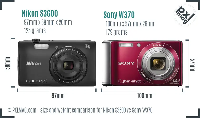 Nikon S3600 vs Sony W370 size comparison