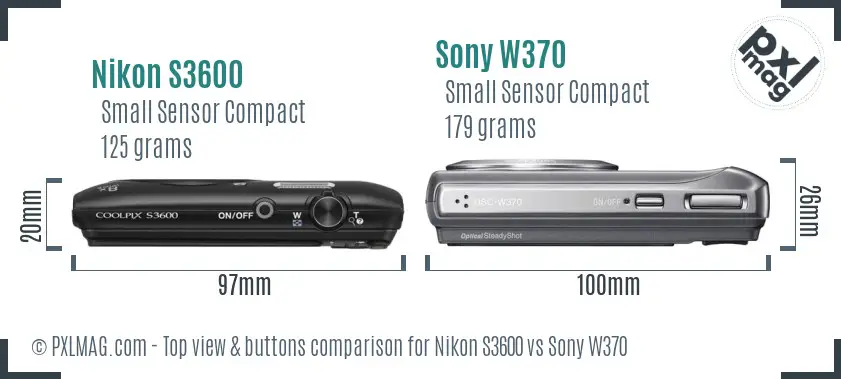 Nikon S3600 vs Sony W370 top view buttons comparison