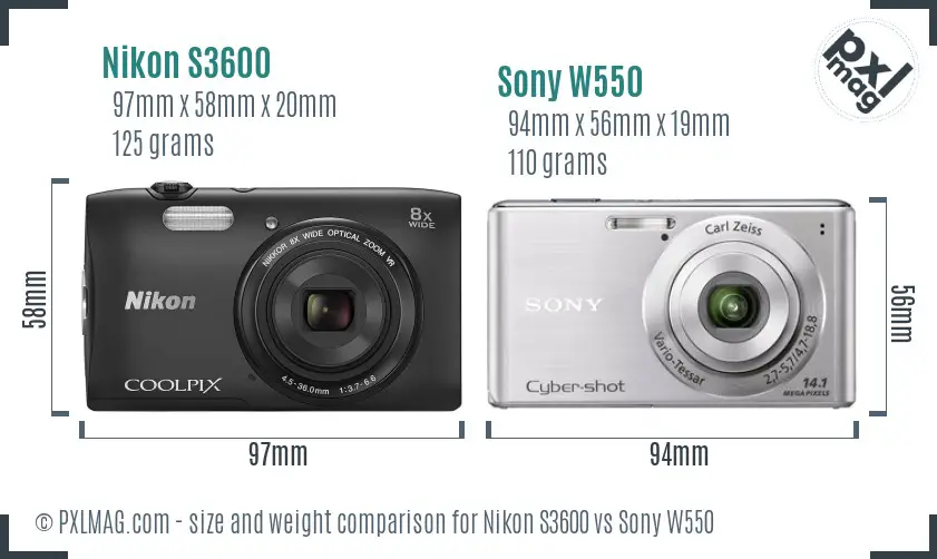 Nikon S3600 vs Sony W550 size comparison