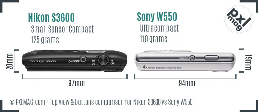 Nikon S3600 vs Sony W550 top view buttons comparison
