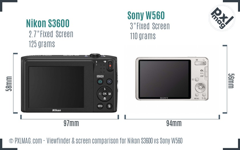 Nikon S3600 vs Sony W560 Screen and Viewfinder comparison