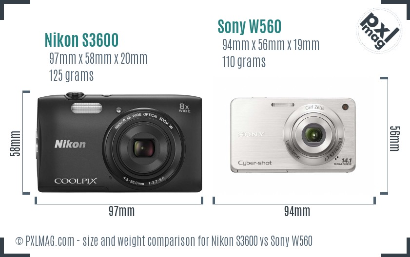 Nikon S3600 vs Sony W560 size comparison