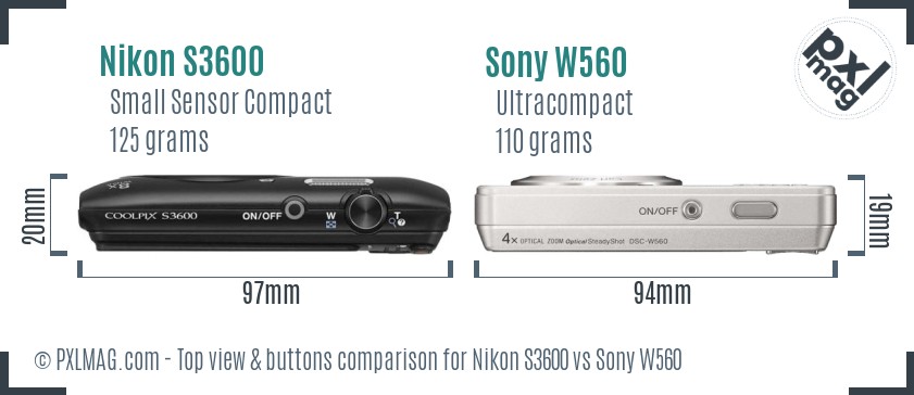 Nikon S3600 vs Sony W560 top view buttons comparison