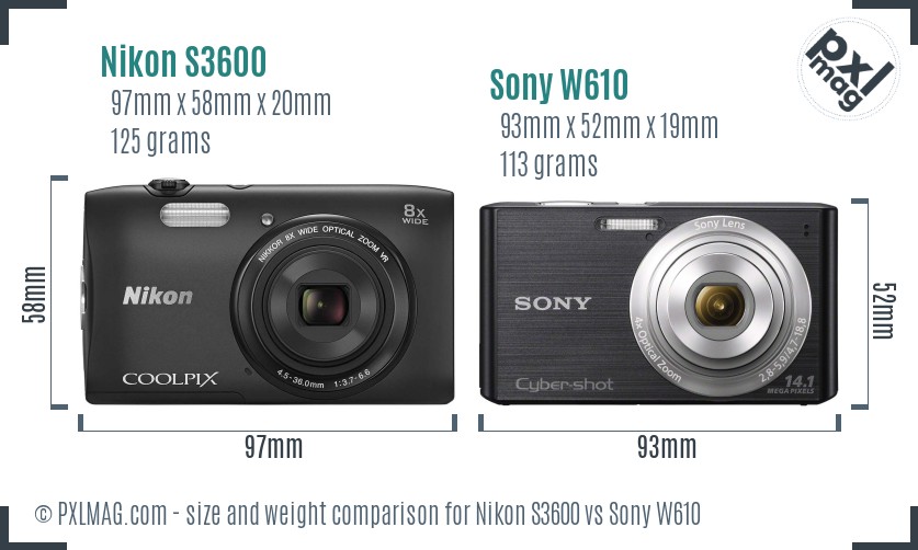 Nikon S3600 vs Sony W610 size comparison