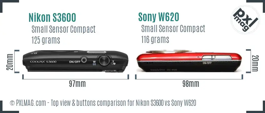 Nikon S3600 vs Sony W620 top view buttons comparison Nikon S3600 vs Sony W620 top view buttons comparison