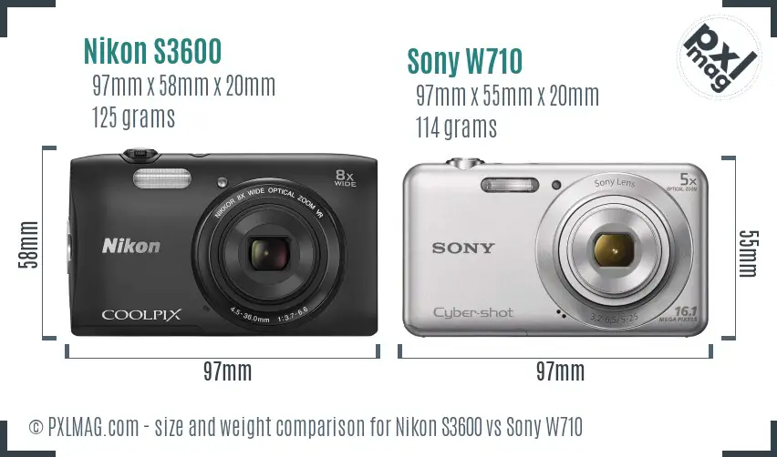Nikon S3600 vs Sony W710 size comparison