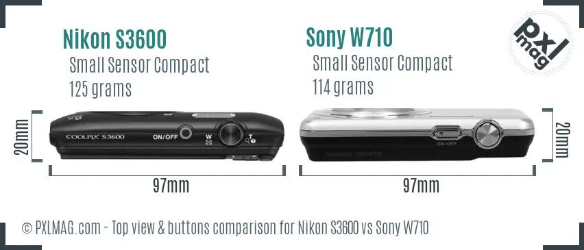 Nikon S3600 vs Sony W710 top view buttons comparison