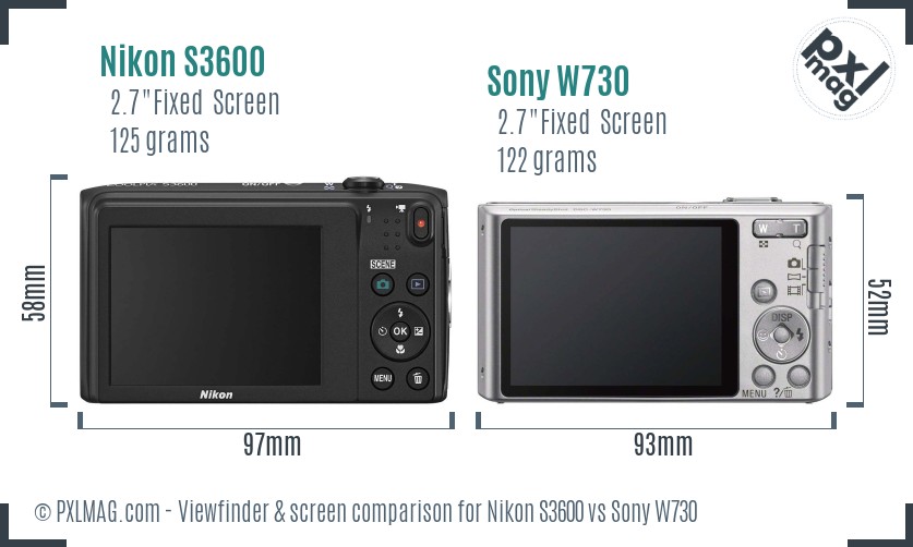 Nikon S3600 vs Sony W730 Screen and Viewfinder comparison