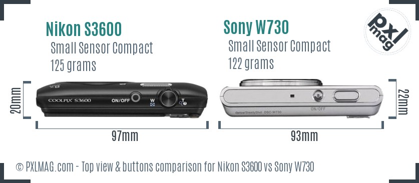Nikon S3600 vs Sony W730 top view buttons comparison