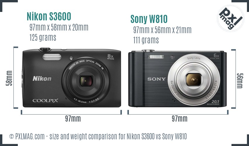Nikon S3600 vs Sony W810 size comparison