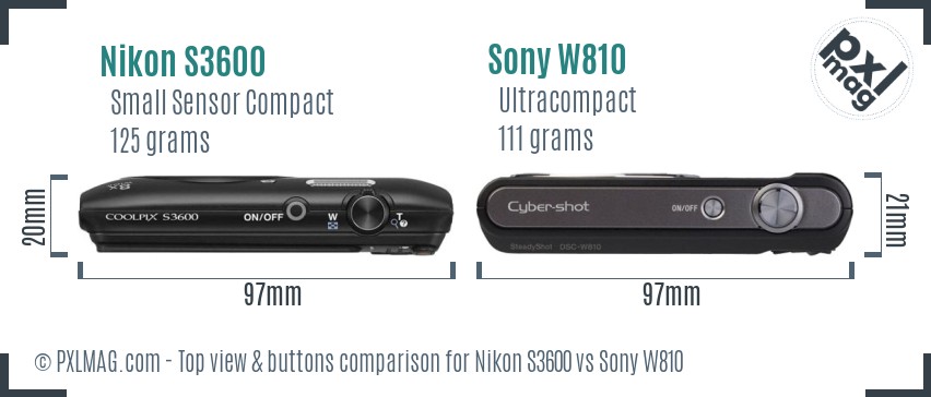 Nikon S3600 vs Sony W810 top view buttons comparison