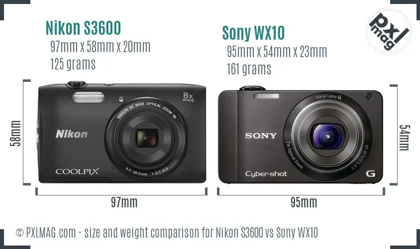 Nikon S3600 vs Sony WX10 size comparison