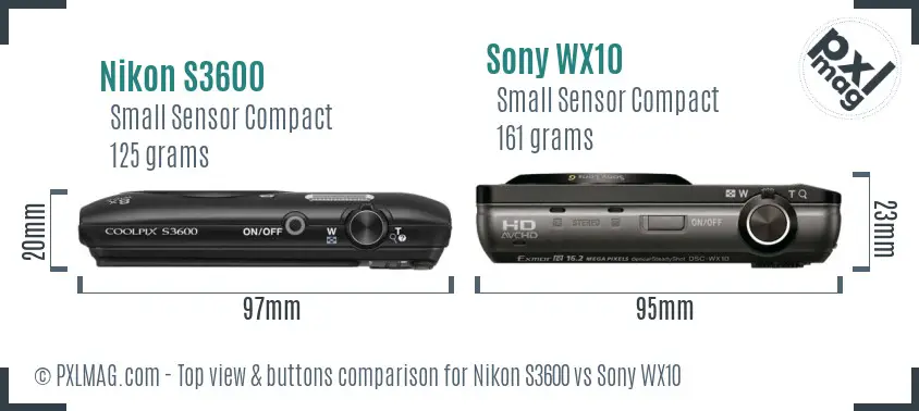 Nikon S3600 vs Sony WX10 top view buttons comparison