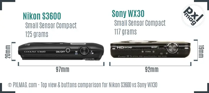 Nikon S3600 vs Sony WX30 top view buttons comparison