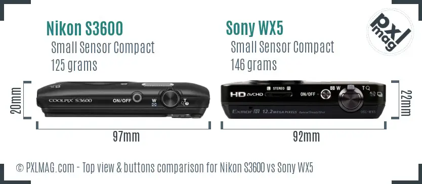 Nikon S3600 vs Sony WX5 top view buttons comparison