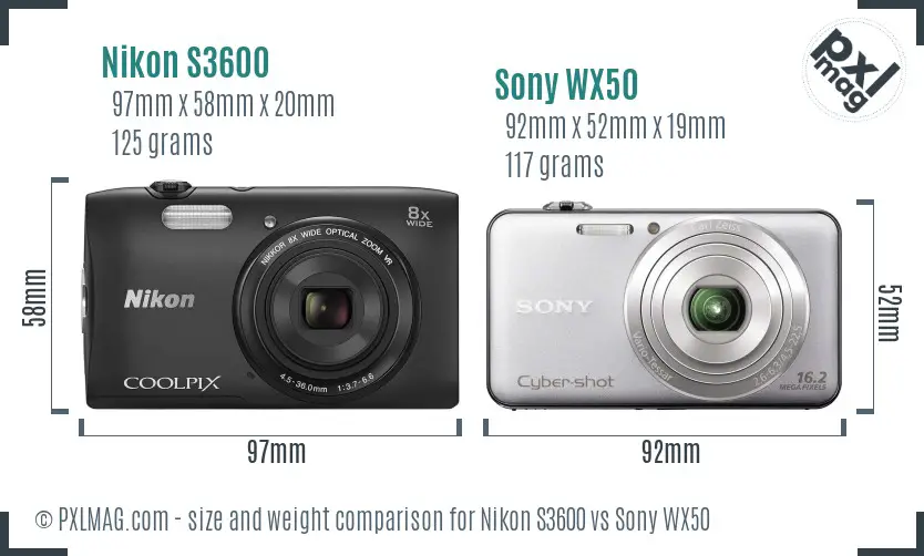 Nikon S3600 vs Sony WX50 size comparison