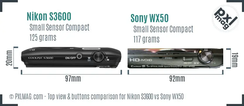 Nikon S3600 vs Sony WX50 top view buttons comparison