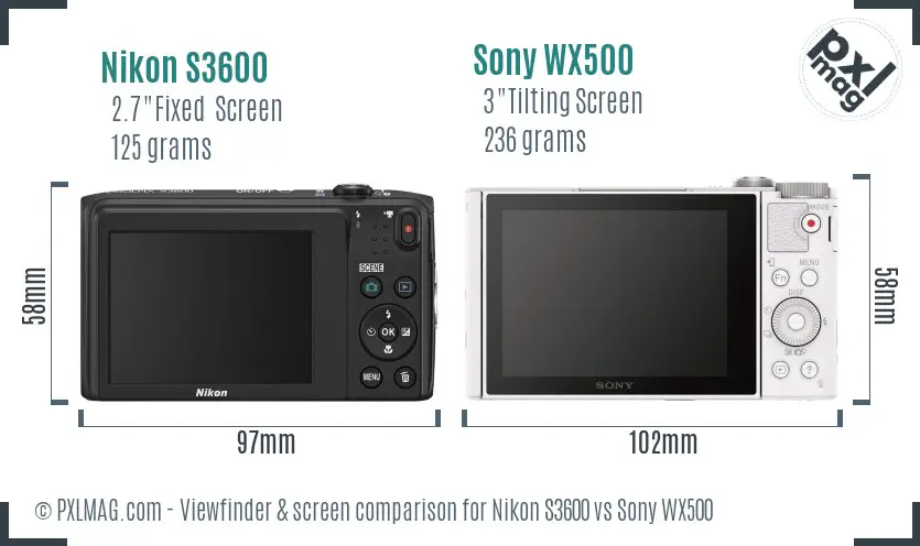 Nikon S3600 vs Sony WX500 Screen and Viewfinder comparison