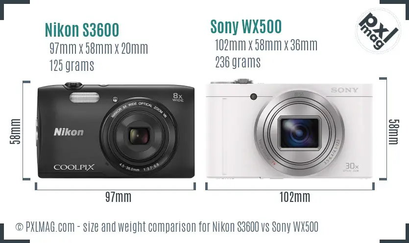 Nikon S3600 vs Sony WX500 size comparison