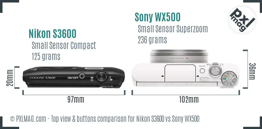 Nikon S3600 vs Sony WX500 top view buttons comparison