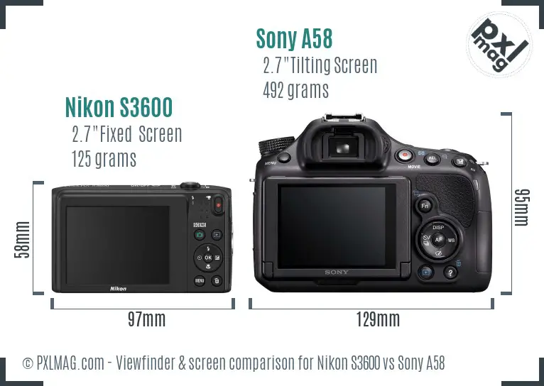 Nikon S3600 vs Sony A58 Screen and Viewfinder comparison