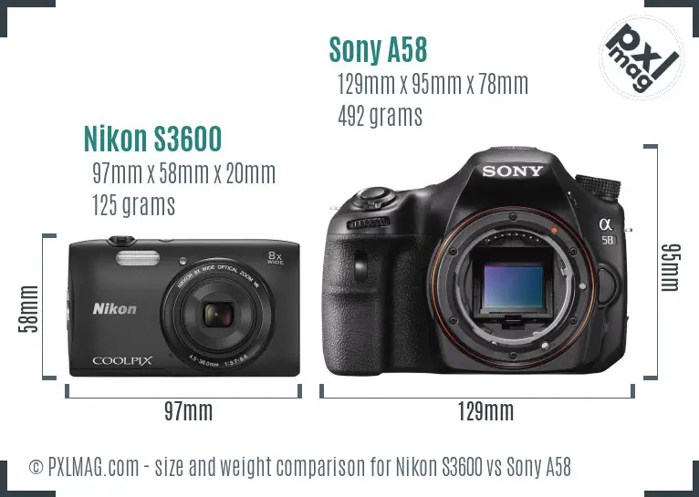 Nikon S3600 vs Sony A58 size comparison