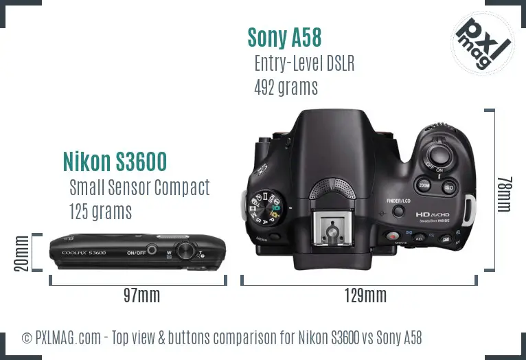 Nikon S3600 vs Sony A58 top view buttons comparison