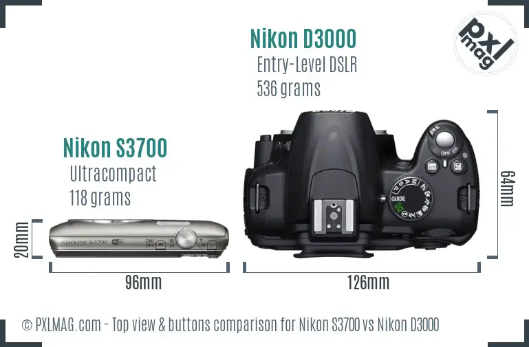 Nikon S3700 vs Nikon D3000 top view buttons comparison