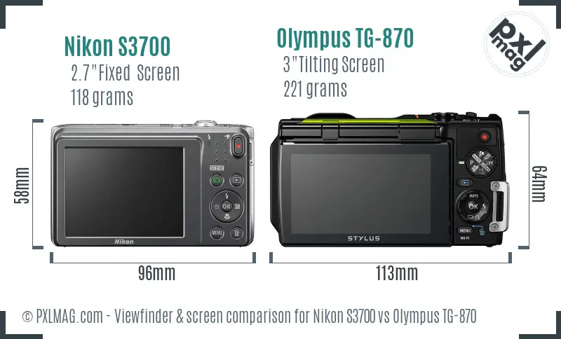 Nikon S3700 vs Olympus TG-870 Screen and Viewfinder comparison