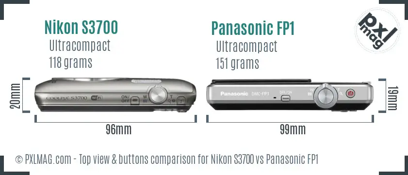 Nikon S3700 vs Panasonic FP1 top view buttons comparison Nikon S3700 vs Panasonic FP1 top view buttons comparison