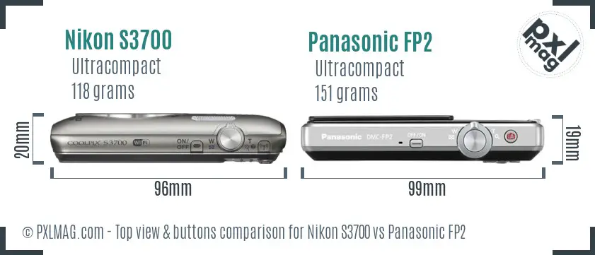 Nikon S3700 vs Panasonic FP2 top view buttons comparison Nikon S3700 vs Panasonic FP2 top view buttons comparison