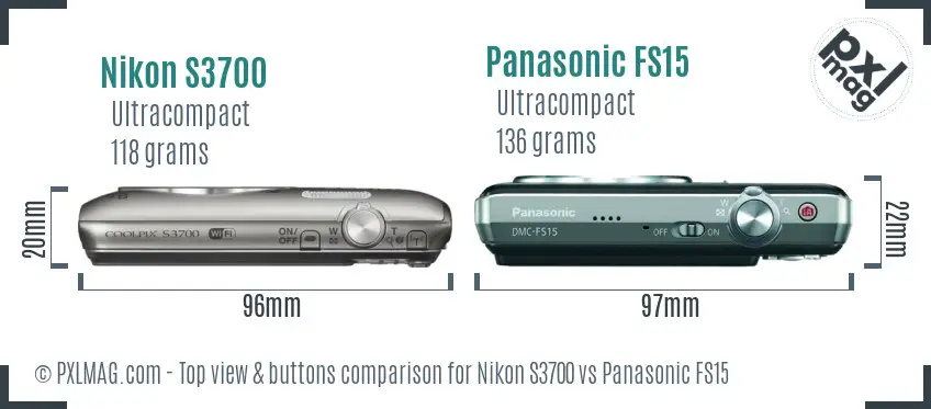 Nikon S3700 vs Panasonic FS15 top view buttons comparison