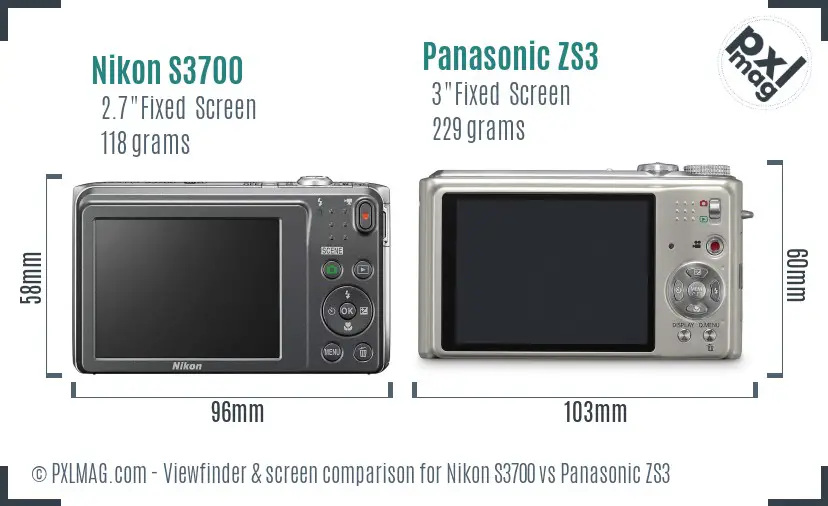 Nikon S3700 vs Panasonic ZS3 Screen and Viewfinder comparison