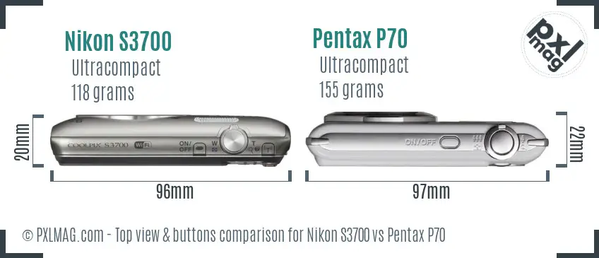 Nikon S3700 vs Pentax P70 top view buttons comparison