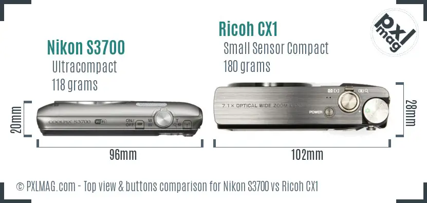 Nikon S3700 vs Ricoh CX1 top view buttons comparison