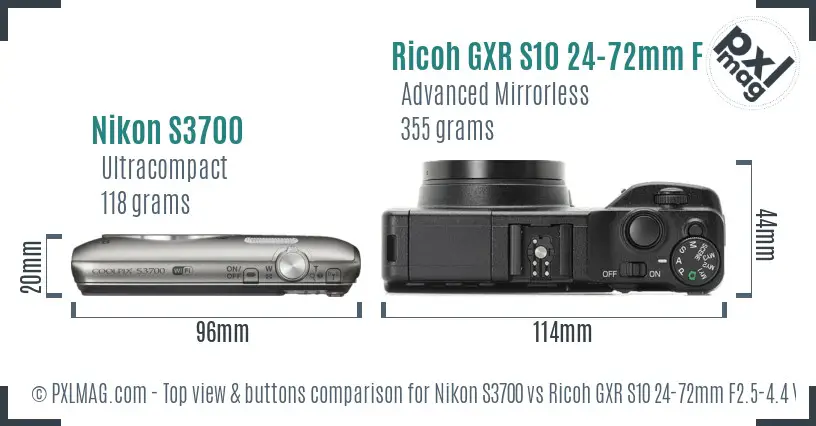Nikon S3700 vs Ricoh GXR S10 24-72mm F2.5-4.4 VC top view buttons comparison
