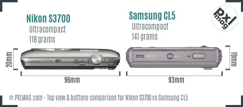 Nikon S3700 vs Samsung CL5 top view buttons comparison