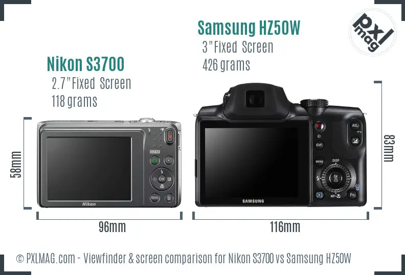 Nikon S3700 vs Samsung HZ50W Screen and Viewfinder comparison