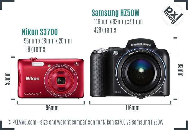 Nikon S3700 vs Samsung HZ50W size comparison