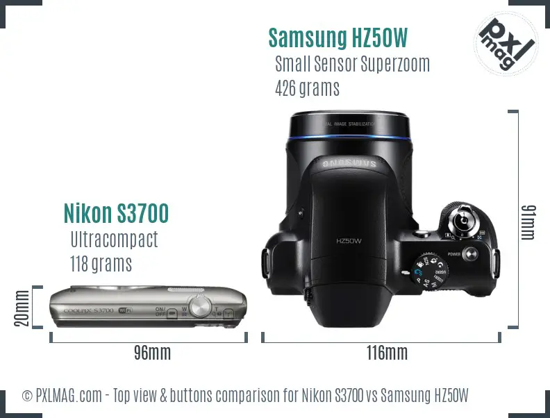 Nikon S3700 vs Samsung HZ50W top view buttons comparison
