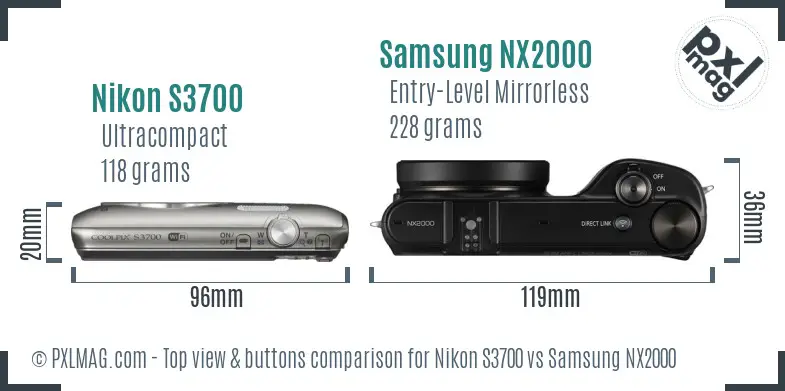 Nikon S3700 vs Samsung NX2000 top view buttons comparison