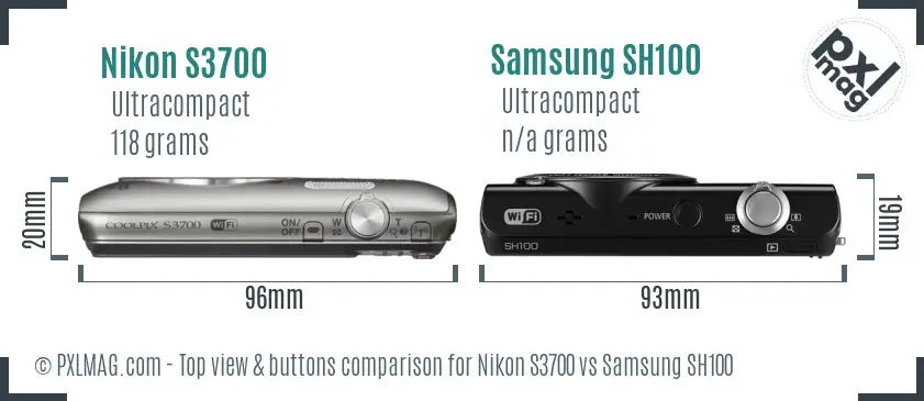 Nikon S3700 vs Samsung SH100 top view buttons comparison