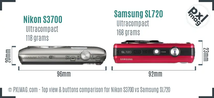 Nikon S3700 vs Samsung SL720 top view buttons comparison