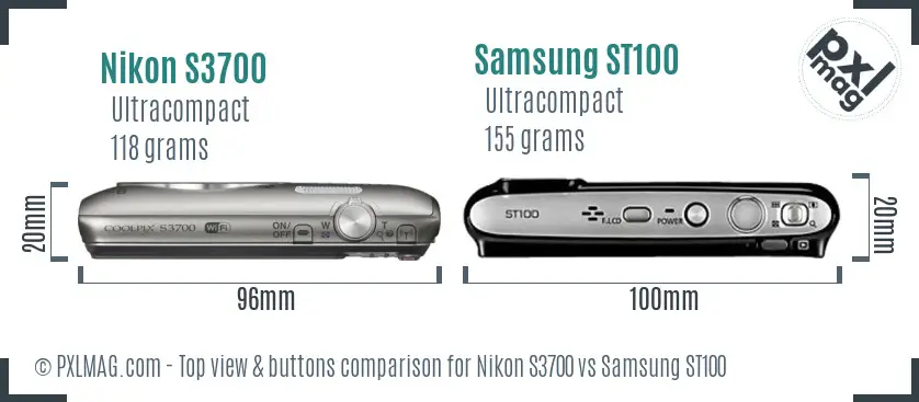 Nikon S3700 vs Samsung ST100 top view buttons comparison